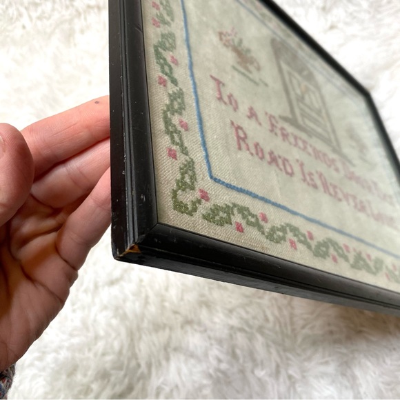 Antique “To A Friends Door The Road Is Never Long” Framed Cross Stitch - Picture 6 of 9